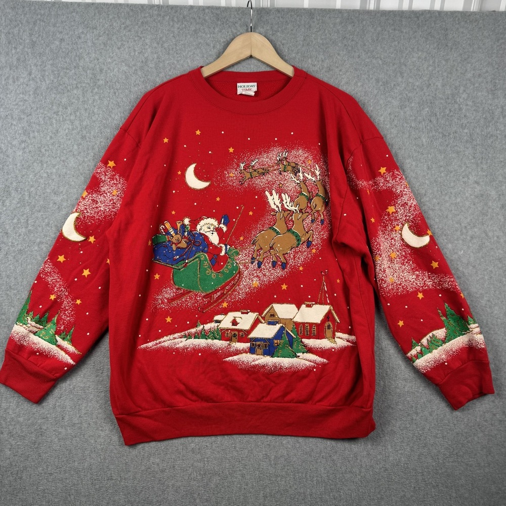 Vintage Holiday Time Sweatshirt Womens Large Red Santa Sleigh Reindeer USA Retro